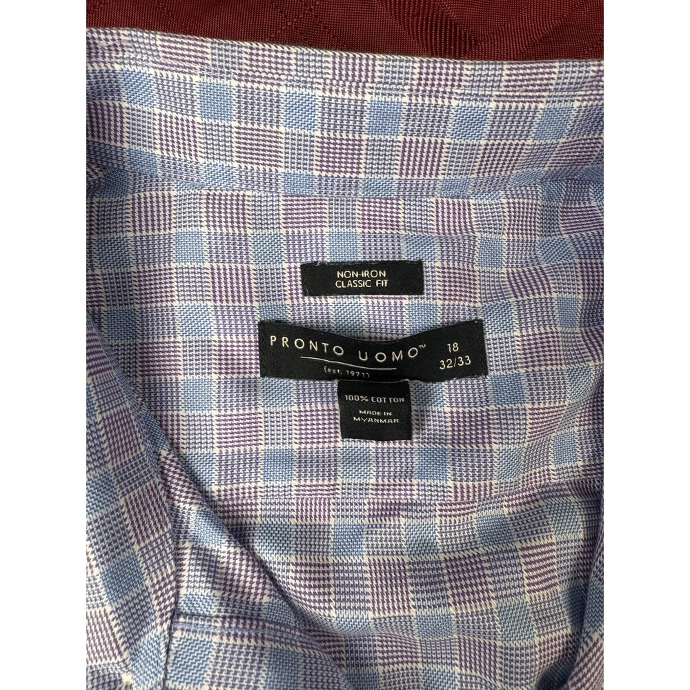 Pronto Uomo Non-Iron Classic Fit Blue Purple Check Dress Shirt 18 32/33 - Picture 2 of 8